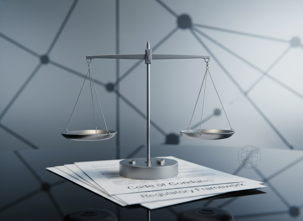 A close-up, photographic view of a minimalist, metallic scale of justice crafted from brushed titanium, its arms perfectly balanced above a reflective dark-glass surface. Beneath the scale, a thin stack of labeled documents titled “Code of Conduct” and “Regulatory Framework” fan outward with crisp edges and subtle watermarks. Behind them, a frosted-glass wall features a faint, out-of-focus pattern of interconnected lines suggesting global networks and corporate structures. Cool, directional side lighting creates subtle highlights along the metal edges and delicate shadows beneath the scale, enhancing depth and precision. Captured at a low, eye-level angle with a shallow depth of field, the composition feels steady, authoritative, and meticulously ordered, ideal for illustrating integrity in compliance.