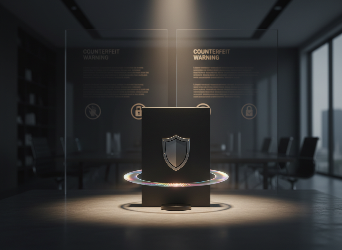 A refined brand protection concept scene featuring a matte-black product box with an embossed silver shield emblem, encircled by a subtle, transparent holographic ring projected from a discreet device on a smooth stone surface. Behind the box, translucent panels display faint, blurred legal text and stylized counterfeit warning icons in muted amber tones. Soft, focused spot lighting from above creates a halo effect around the box, while the rest of the room gently fades into shadow. Captured in crisp photographic realism at eye level using the rule of thirds, the composition isolates the protected product as the central focus, conveying strength, trustworthiness, and sophisticated brand defense in the corporate compliance context.