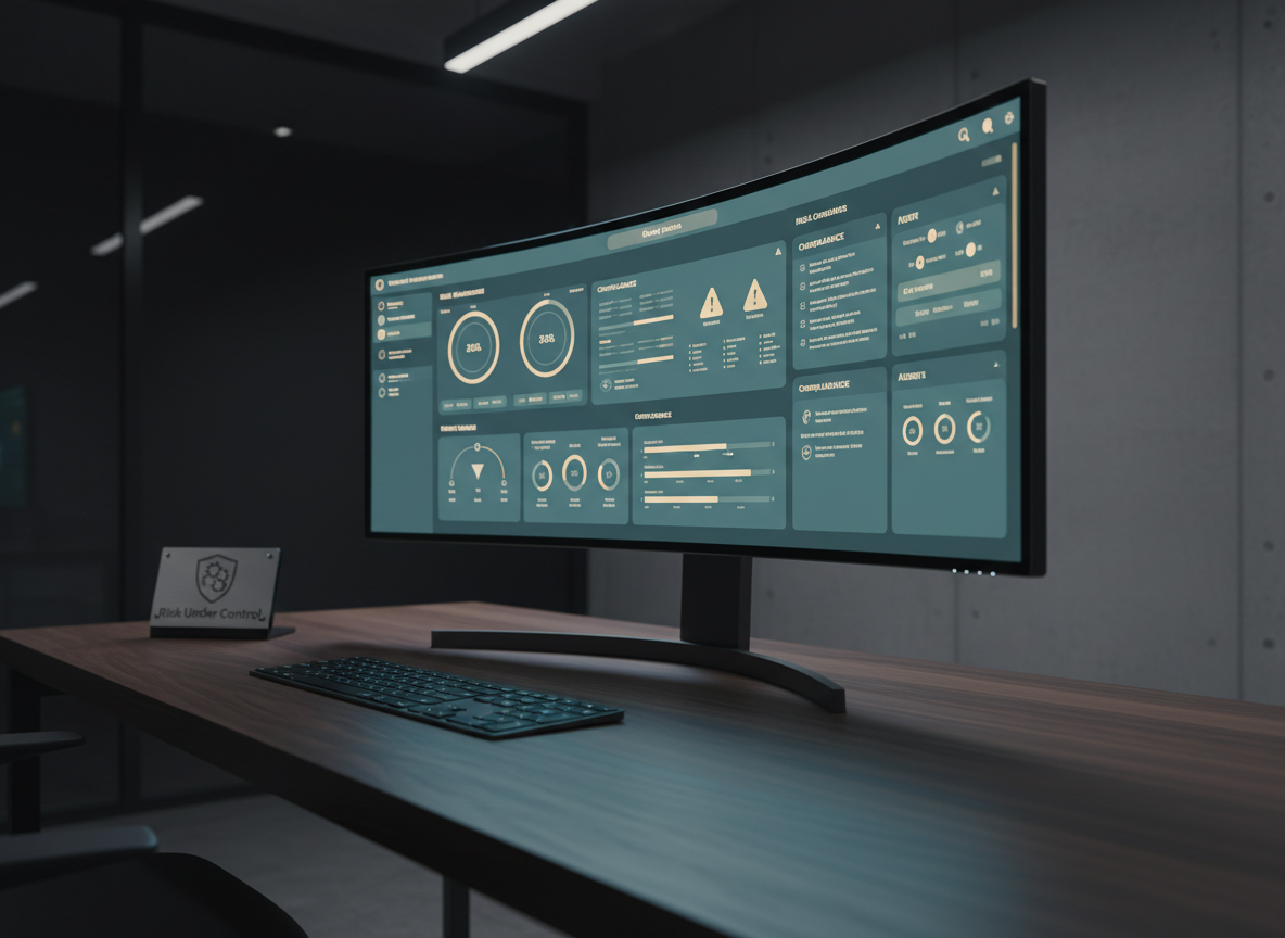 A modern digital risk management command center with a curved, ultra-wide monitor dominating a dark walnut desk, its screen filled with a clean, multi-panel dashboard showing risk scores, compliance timelines, and alert icons in a refined teal and gold palette. Beside the monitor rests a slim, matte-silver keyboard and a small, engraved metal plaque featuring a shield logo and the words “Risk Under Control.” The room is lit by dim ambient lighting and a soft, cool glow from the monitor, casting gentle blue reflections on the desk and adjacent wall. Photographed from a slightly low frontal angle with moderate depth of field, the scene feels focused, secure, and high-tech, ideal for visualizing sophisticated corporate risk oversight.