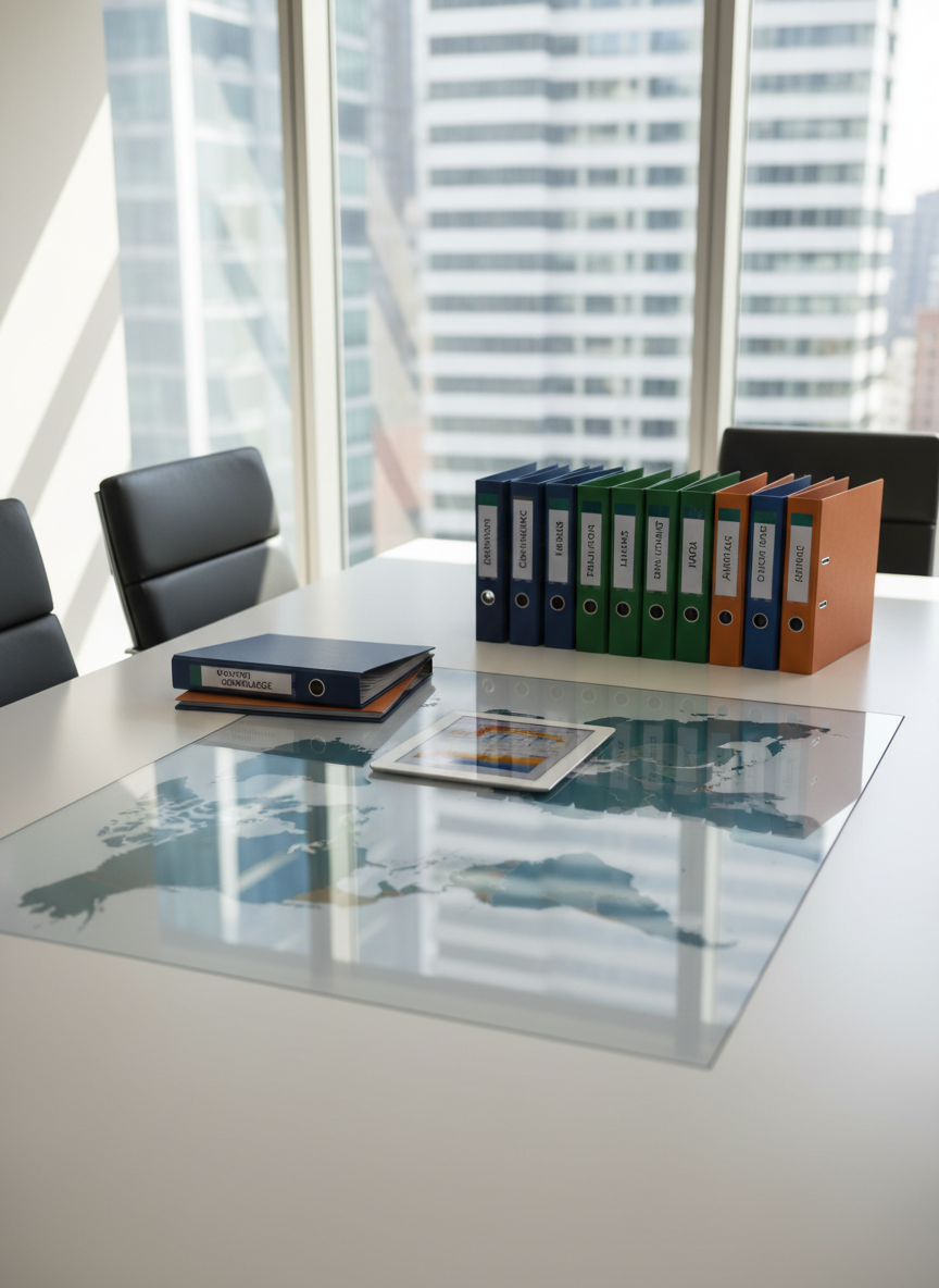 A polished white conference table dominated by a large, detailed world map printed under glass, with key regions subtly highlighted in deep teal and amber to represent cross-border jurisdictions. On top of the glass surface lie neatly stacked compliance binders, color-coded by region, and a brushed stainless-steel tablet displaying a global risk heat map. Soft daylight from floor-to-ceiling windows washes across the table, casting gentle linear shadows and faint reflections of distant high-rises. Photographed from a slightly elevated angle with sharp focus throughout, the image emphasizes clarity and reach. The mood is globally connected, precise, and methodical, rendered in clean, modern photographic realism suitable for a corporate compliance blog.