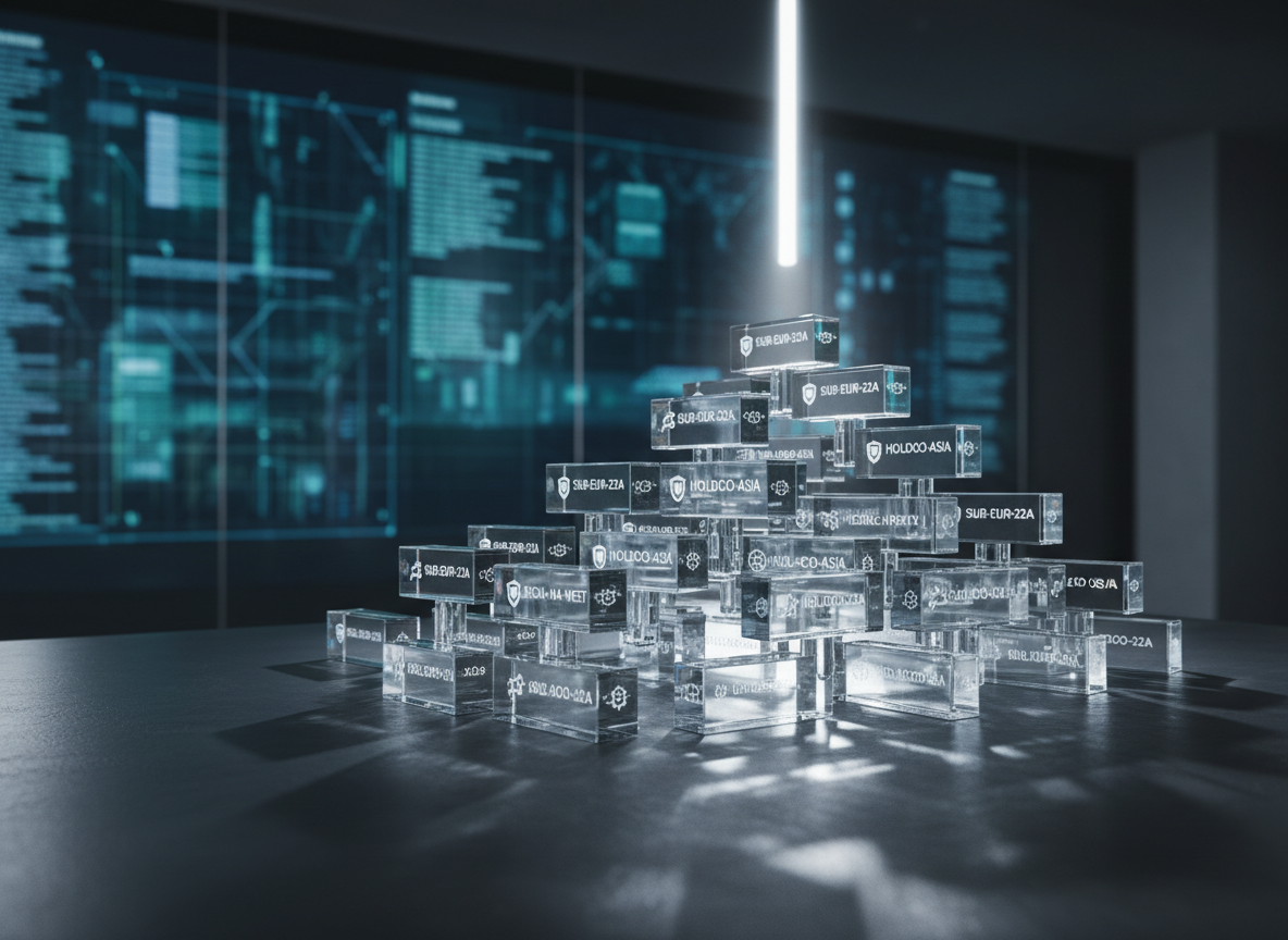 An intricate, three-dimensional corporate structure diagram rendered as glossy transparent acrylic blocks and connectors arranged on a dark charcoal tabletop. Each block is etched with faint alphanumeric codes and tiny icons representing subsidiaries, holding companies, and regional entities. A thin beam of cool white spotlight from above creates crisp reflections and soft-edged shadows that reveal the layers and hierarchy of the structure. In the blurred background, a large glass wall displays an abstract, out-of-focus grid of blue and green compliance metrics. Shot from a slightly elevated three-quarter angle in high-resolution photographic realism, the composition uses asymmetric framing and shallow depth of field to draw the eye along the network, evoking clarity, complexity management, and strategic oversight.